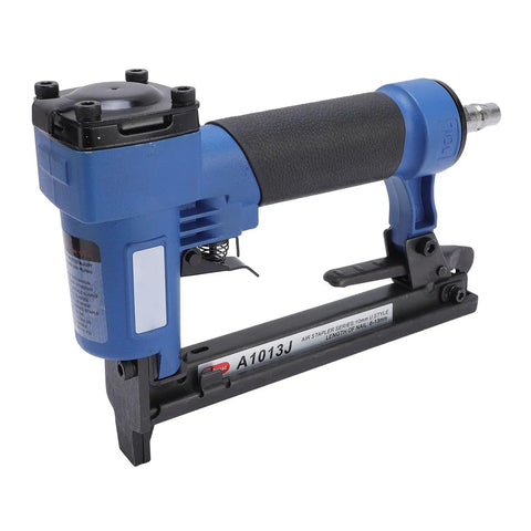 Rock Hard Pneumatic Brad Nailer Tool With Tough Aluminum Body For Lightning Fast Trim And Carpentry Projects close-up view.