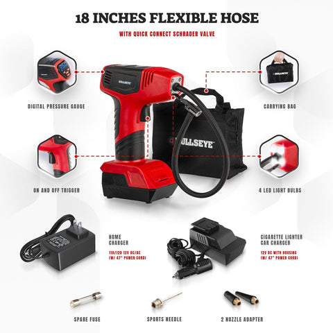 Deluxe Portable Tire Inflator And Air Compressor For Cars With Auto Shutoff 150 PSI 12V DC Car Pump LED Display and accessories