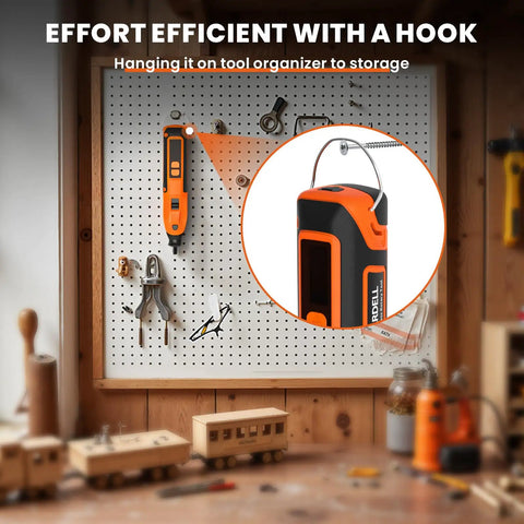 Bad Boy 12V Cordless Rotary Tool Featuring 35000RPM Digital Display hanging on pegboard with tools for storage.