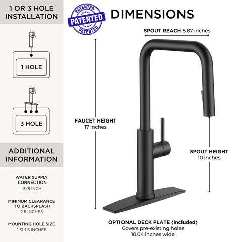 FORIOUS Kitchen Faucet with Pull Down Sprayer, Black High U-Spout, dimensions and installation details displayed.