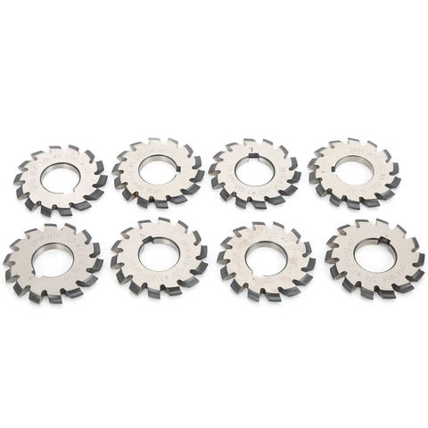 8 Piece Gear Cutter Set For Milling Machines, high-speed steel, involute design, 14.5 degree, 55mm outer, 22mm bore options visible.