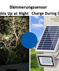 JUDYSSY Led Flood Lights Outdoor Solar Lights with solar panel, illuminating a garden at night.