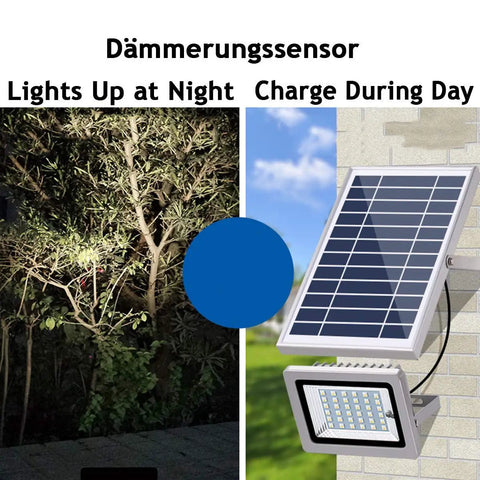 JUDYSSY Led Flood Lights Outdoor Solar Lights with solar panel, illuminating a garden at night.