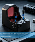 Top Shelf Gunsmithing Screw Kit Featuring M3 M4 And Four Forty Threads With Badass Wrench Designed For Red Dot Sight Setup No Fuss Install Locked And Loaded, showing a red dot sight base with screws.