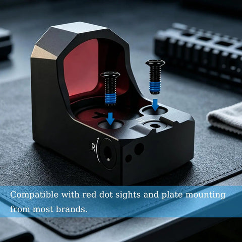 Top Shelf Gunsmithing Screw Kit Featuring M3 M4 And Four Forty Threads With Badass Wrench Designed For Red Dot Sight Setup No Fuss Install Locked And Loaded, showing a red dot sight base with screws.