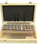 Open wooden box displaying the Keyway Broach Set 18 Piece HSS Keyway Cutting Tools for CNC Milling with bushings inside.