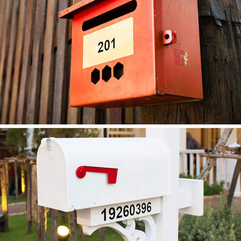 Mailboxes with numbers shown using Self Adhesive Vinyl Letters And Numbers Kit 8 Sheets Black 1 Inch Characters 536 Pieces.