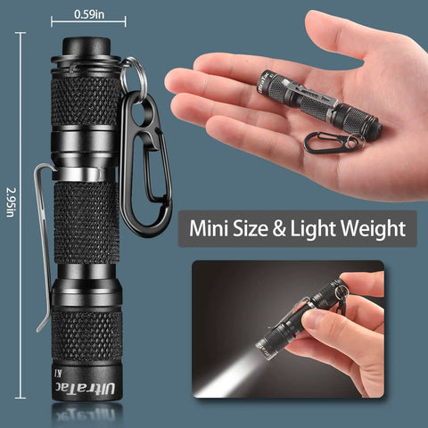 K1 180LM Ultra Bright LED Keychain Flashlight Waterproof AAA Battery Mini Light shown in hand and illuminating