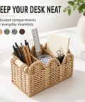 Handwoven Paper Rope Desk Organizer Basket With Wooden Handle Keeps Your Desk Clean With Must Have Multi Compartment Caddy, Gray
