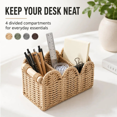 Handwoven Paper Rope Desk Organizer Basket With Wooden Handle Keeps Your Desk Clean With Must Have Multi Compartment Caddy, Gray