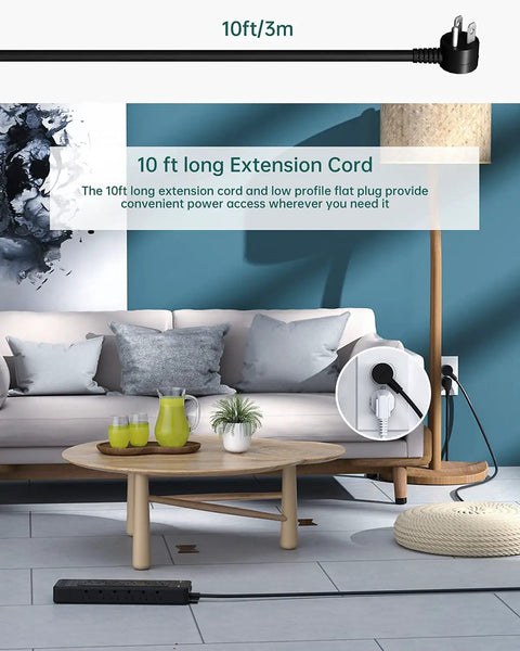 18 Outlet Surge Protector Power Strip With USB Ports And Flat Plug in living room, showing 10 ft extension cord.