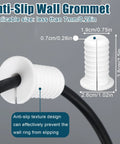 Close-up of anti-slip wall grommet with cable, labeled dimensions, for Set Of Four White Three Quarter Inch Cable Grommets For Wall Hole Pass Throughs With Anti Slip Textured Surface Weatherproof Cord Protection For Ethernet And TV Wires 19mm Diameter Grommets For Cable Routing.