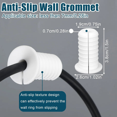 Close-up of anti-slip wall grommet with cable, labeled dimensions, for Set Of Four White Three Quarter Inch Cable Grommets For Wall Hole Pass Throughs With Anti Slip Textured Surface Weatherproof Cord Protection For Ethernet And TV Wires 19mm Diameter Grommets For Cable Routing.