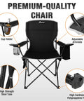 Two Pack Lightweight Folding Camping Chairs For Adults With 4 Can Cooler Bag Cup Holder And Carry Bag For Tailgating Beach Fishing Or Outdoor Hangouts Black, featuring cup holder and adjustable armrests.