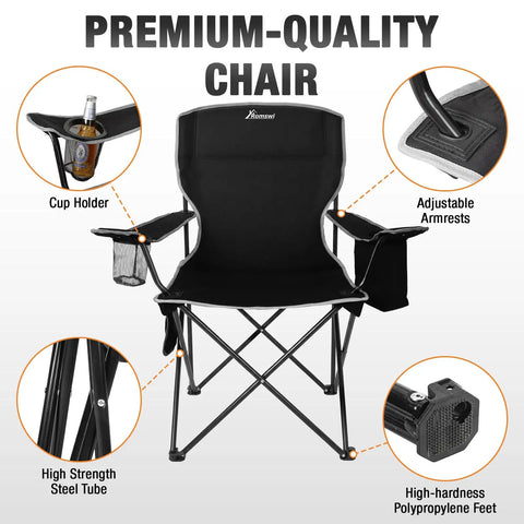 Two Pack Lightweight Folding Camping Chairs For Adults With 4 Can Cooler Bag Cup Holder And Carry Bag For Tailgating Beach Fishing Or Outdoor Hangouts Black, featuring cup holder and adjustable armrests.