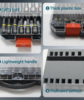 Close-up of All-In-One Magnetic Impact Nut Driver Kit, 80-Piece Set showing safety lock, plastic box, handle, and hollowed bottom.