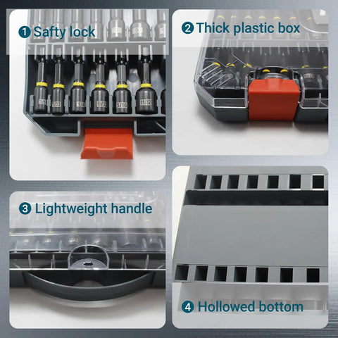 Close-up of All-In-One Magnetic Impact Nut Driver Kit, 80-Piece Set showing safety lock, plastic box, handle, and hollowed bottom.