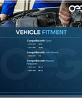 Vehicle fitment guide for compatibility with Case, John Deere, and Massey Ferguson engines, displayed over engine background.