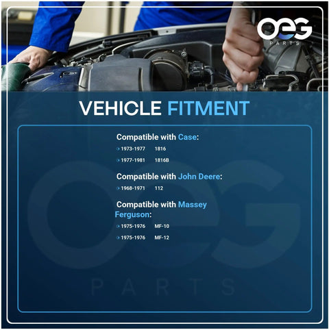 Vehicle fitment guide for compatibility with Case, John Deere, and Massey Ferguson engines, displayed over engine background.