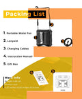 Packing list showing All In One Portable Fan With Five Speed Settings And 8000mAh Battery, includes lanyard, charging cables, instruction manual, gift box.