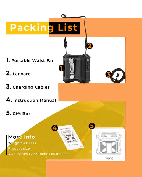 Packing list showing All In One Portable Fan With Five Speed Settings And 8000mAh Battery, includes lanyard, charging cables, instruction manual, gift box.