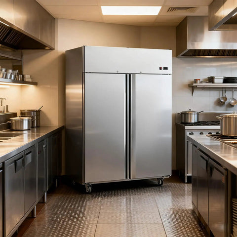 Pro Grade Commercial Reach In Freezer, Stainless Steel Upright Industrial Cooler For Restaurants And Bars in kitchen setting.