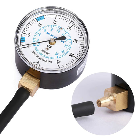 Front view: MEASUREMAN gas manifold pressure gauge, 0-35 in WC, 1/4" NPT, 40" hose.
