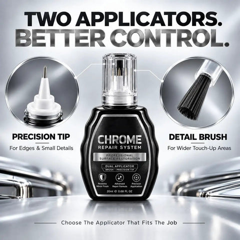 Chromed Out Repair Pen and Scratch Eraser for Ridiculous Metallic Gleam on Automotive Trim Badges and Plumbing Fixtures Silver Shine Touch Up Marker for Dull Metal Surfaces Fast Drying Formula Heavy Duty Restoration Tool in dual applicator design.