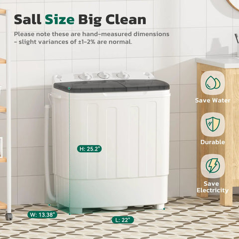No Sweat Portable Twin Tub Washer And Spinner Combo With Semi Automatic Compact Laundry Design and dimensions for small spaces.