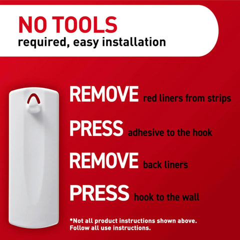 White hook with red instructions for Sticky Nail Sawtooth Picture Hangers 3 Pack Damage Free Wall Mounts With No Tools Adhesive