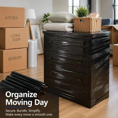 Heavy Duty Black Stretch Wrap Film 50 Cm Roll For Moving And Shipping Secure Cartons Furniture Parts With Hella Strong Self Adhesive Hold For Real Deal Users on wrapped dresser.