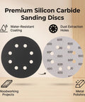 Ultra Tough 200Pcs 5 Inch Sanding Discs Hook And Loop With 8 Holes For Orbital Sander Grinders, showing water-resistant coatings and dust extraction holes.
