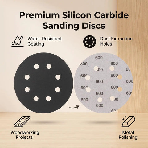 Ultra Tough 200Pcs 5 Inch Sanding Discs Hook And Loop With 8 Holes For Orbital Sander Grinders, showing water-resistant coatings and dust extraction holes.