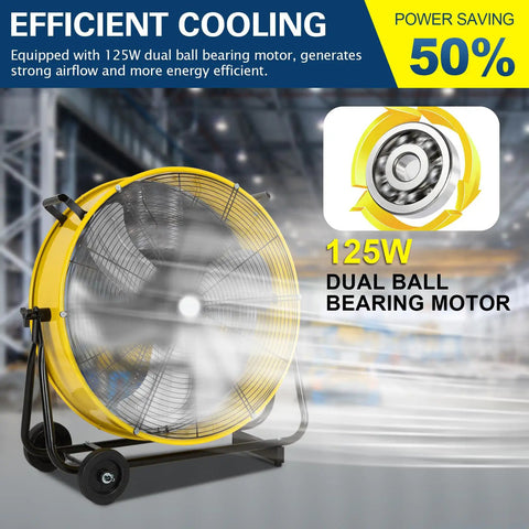 Heavy Duty 24 Inch Industrial Drum Fan With Brushless DC Motor, Ultra Quiet Powerful Airflow Up To 7800 CFM, Tilt-Adjustable Vent Fan