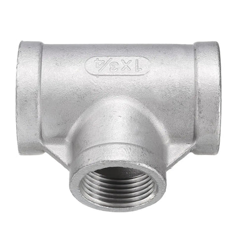 Front view of HARFINGTON Tee Pipe Fitting (3/4" x 1" x 1") NPT Female 304 Stainless Steel t Shaped Reducer 3 Way T-Connector.