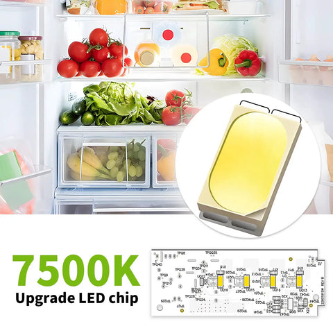 Open refrigerator with fruits and vegetables; Super Bright 7500K Refrigerator LED Replacement Light Kit 3 Pack W10515058 and W10515057 inset view.