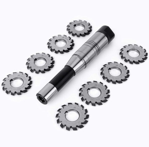 Beefy Gear Cutter Set For Lathe And CNC Mills DP16 Involute With 14.5 Degree Bore 22 R8 Shank Milling Arbor Holder Includes No.1 Through No.8 Gear Cutters Alloy Steel Tools For Precision Milling And Gear Machining