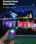 Smartphone controlling 100ft Outdoor RGB LED Strip Lights Waterproof 12V with Alexa and Google Assistant on house exterior.