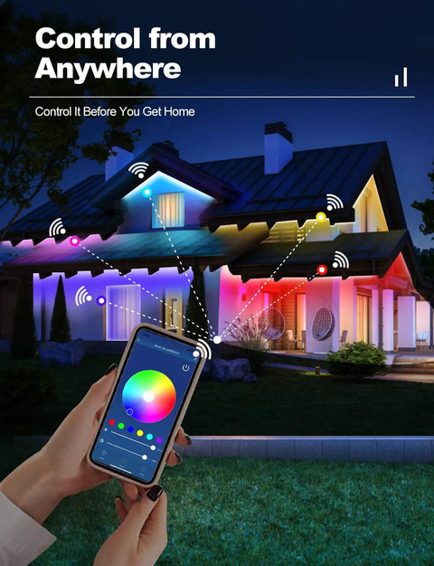 Smartphone controlling 100ft Outdoor RGB LED Strip Lights Waterproof 12V with Alexa and Google Assistant on house exterior.