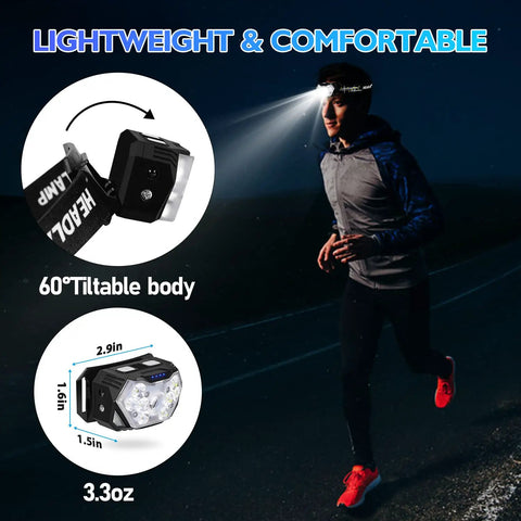 Runner wearing 9 LED Rechargeable Headlamp Two Pack With 2000 Lumen Brightness 10 Modes Motion Sensor White And Red Light Waterproof