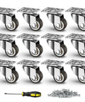 Heavy Duty 1 Inch Low Profile Caster Wheels For Household Furniture Set Of 4 Featuring Smooth As Silk Glide Action And No Sweat Snap Tight Mount Plates For Couches Shelves And Plant Risers, shown in metallic finish with mount plates and screws.