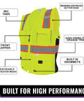 Top Shelf High Visibility Mesh Safety Vest With Six Roomy Utility Pockets For Tools And Tablets Bright Yellow Reflective Hi Vis PPE Gear Built Tough For Straight Up Reliable Day Shift Workwear features mic tabs, front zipper, and breathable polyester mesh.