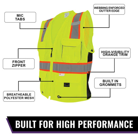 Top Shelf High Visibility Mesh Safety Vest With Six Roomy Utility Pockets For Tools And Tablets Bright Yellow Reflective Hi Vis PPE Gear Built Tough For Straight Up Reliable Day Shift Workwear features mic tabs, front zipper, and breathable polyester mesh.