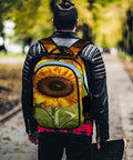 Individual wearing Go To Sunflower Close Up Print Backpack For Everyday Use Unisex Large Capacity Daypack on leafy path.