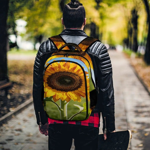 Individual wearing Go To Sunflower Close Up Print Backpack For Everyday Use Unisex Large Capacity Daypack on leafy path.