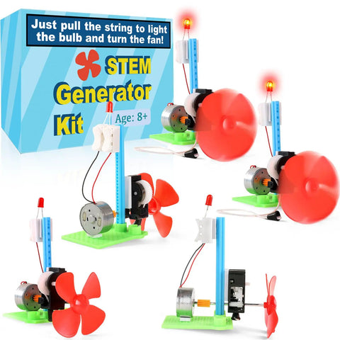 Hands-On STEM Generator Kit Set For Kids, DC Motor Science Experiments, shown assembled with red blades and LED.