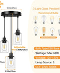 Slick Three Light Black Pendant Fixture With Crystal Clear Glass Shades And Fully Adjustable Suspension Cords showing dimensions and bulb type.