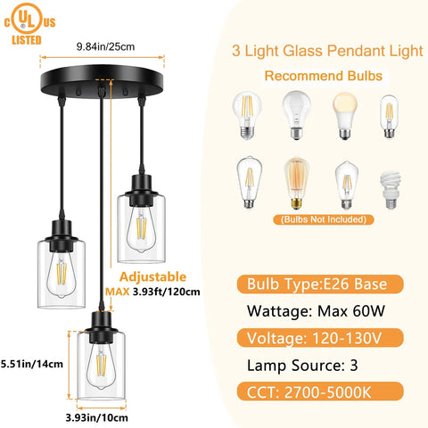 Slick Three Light Black Pendant Fixture With Crystal Clear Glass Shades And Fully Adjustable Suspension Cords showing dimensions and bulb type.