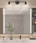Bathroom with Three Light Industrial Vanity Fixture In Matte Black With Clear Glass Globes over mirror, modern rustic vibe