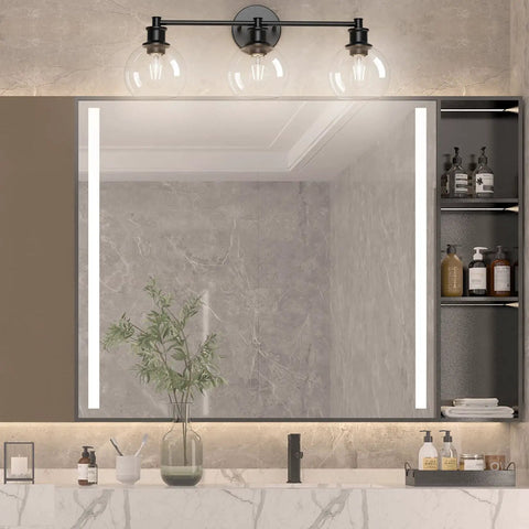 Bathroom with Three Light Industrial Vanity Fixture In Matte Black With Clear Glass Globes over mirror, modern rustic vibe